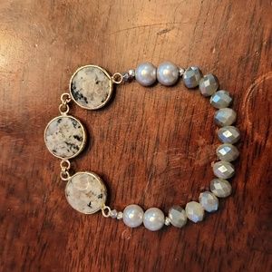 Gray Stone, Bead and Pearl Stretch Bracelet